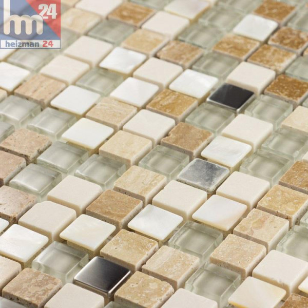 Glasmosaik Mendoza Naturstein Metall Elemente silber weiß transparent beige braun Bad Küche Dusche