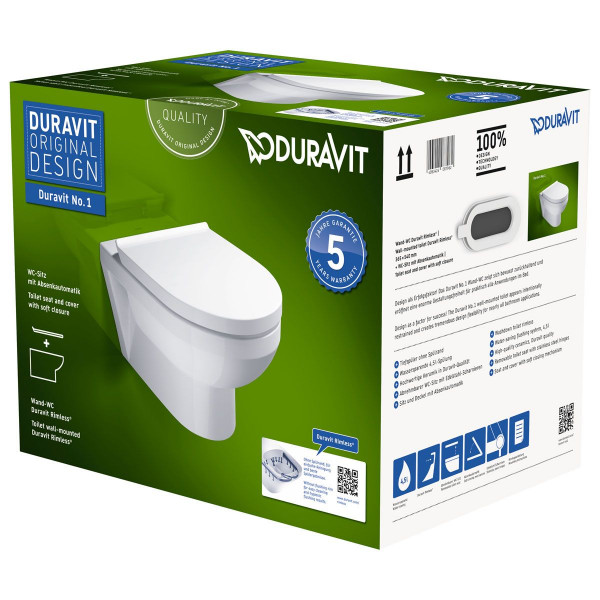 Duravit No.1 Wand-WC Set Rimless Compact 45750900A1 Weiß inkl. WC-Sitz