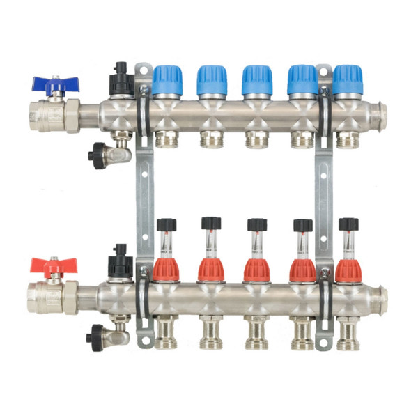 Edelstahl-Heizkreisverteiler DN20 für EGO-System für 7 Heizkreise 495 mm Baulänge made by strawa