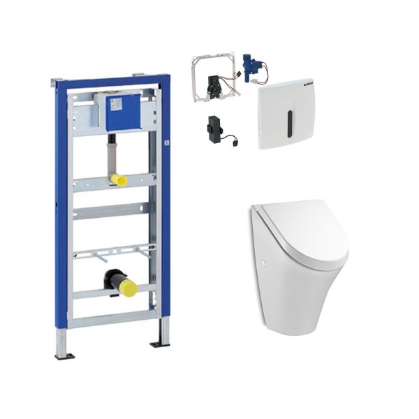 Komplett Set Geberit Duofix Basic mit Urinalsteuerung HyBasic berührungslos u. Roca Urinal m. Deckel