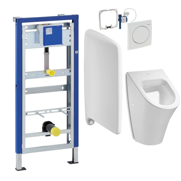 Komplett Set Roca Urinal mit Trennwand Wing, Geberit Urinalelement und Betätigungsplatte in Weiß