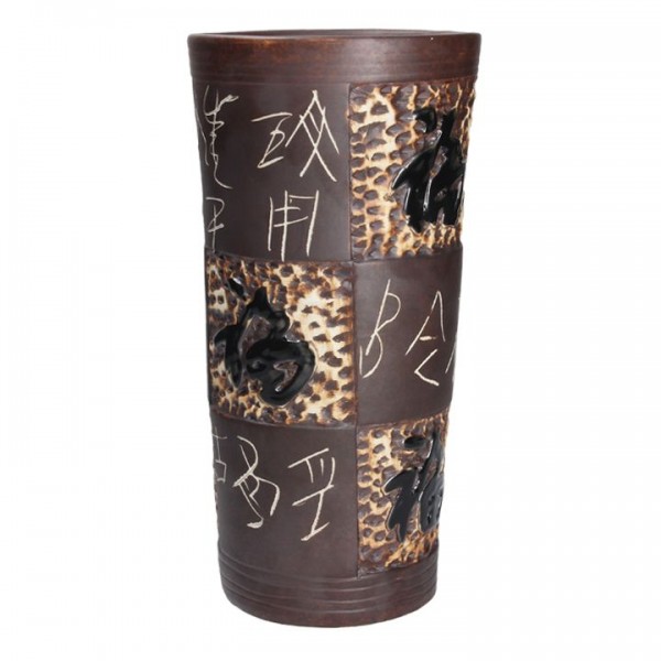 Vase Keramikvase mit asiatischen Schriftzeichen Braun handgearbeitet
