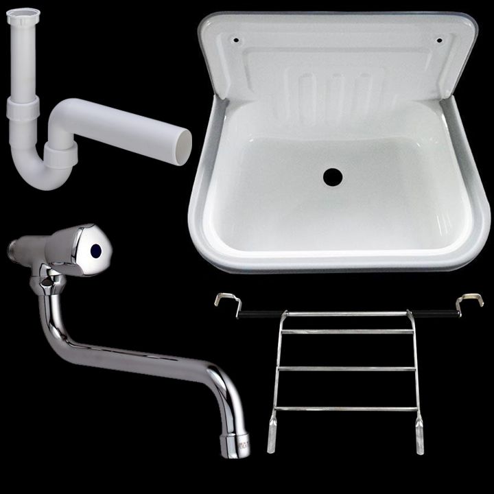 Alape Stahlausgussbecken Ausgußbecken Stahl Set mit Wandarmatur und Siphon weiß 