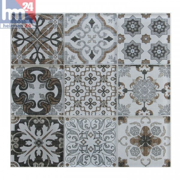 Glasmosaik Brienza weiß braun beige grau schwarz Ornament Mosaikfliese Bad Küche Fliesenspiegel
