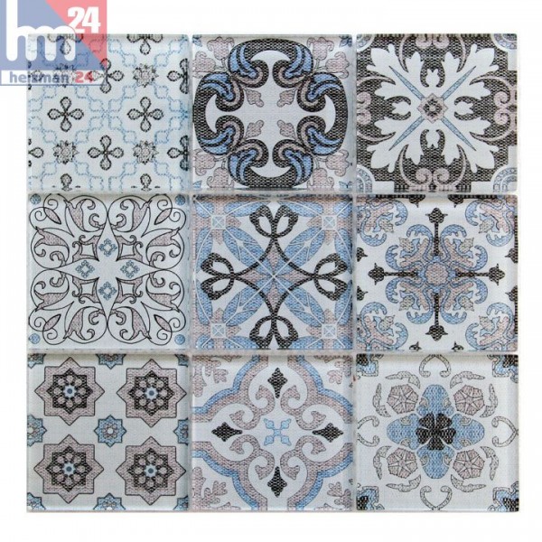 Glasmosaik Salerno blau beige weiß schwarz Ornament Mosaikfliese Bad Küche Dusche Fliesenspiegel