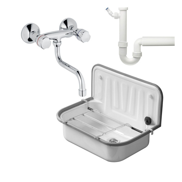 Paket Stahlausgussbecken 49,5x33,5 cm o. Überlauf 80200000 inkl. Alurost Siphon Armatur