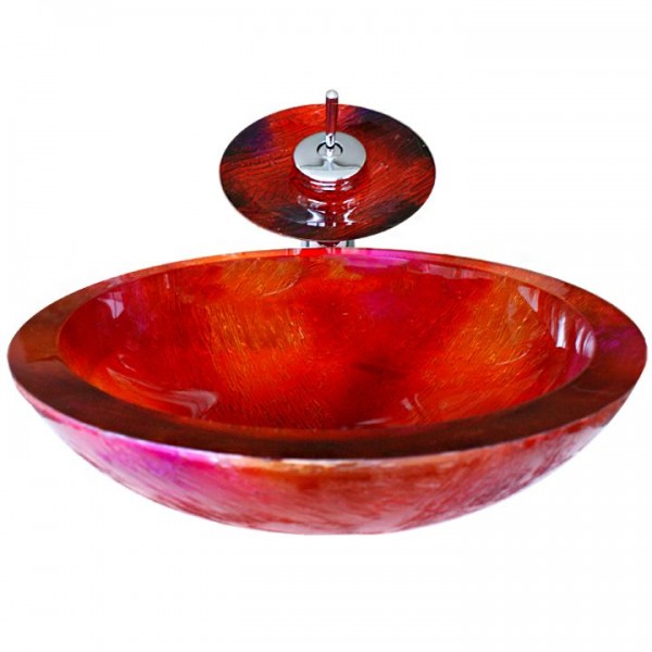 Red Flower Aufsatzwaschbecken Glas Waschschüssel Handmade inkl. GRATIS Einhebel-Armatur