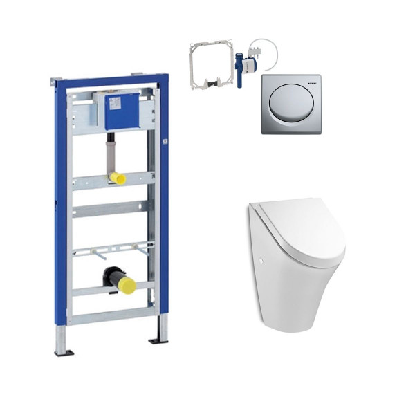 Komplett Set Geberit Duofix Basic mit Urinalsteuerung HyBasic Handauslösung u. Roca Urinal m. Deckel
