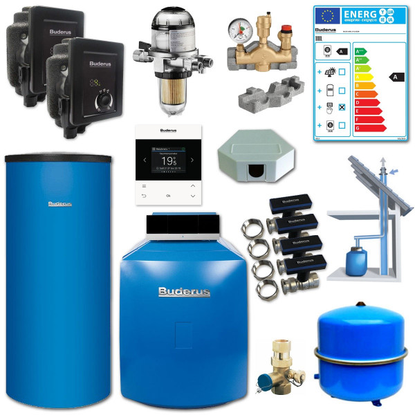 Buderus Paket Logano Plus GB125 Öl Brennwert Kessel 22kW RC200.2 m. Speicher 200L u. Schacht 10m