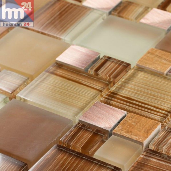 Glasmosaik Marbella Naturstein Metall Elemente kupfer braun beige terracotta Bad Küche Fliesenspiegel Pool