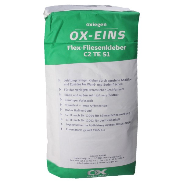 (1,38 €/kg) oxiegen OX-Eins Flex-Fliesenkleber 25 kg C2TES1 mit erhöhtem Haftzug, Systemkleber