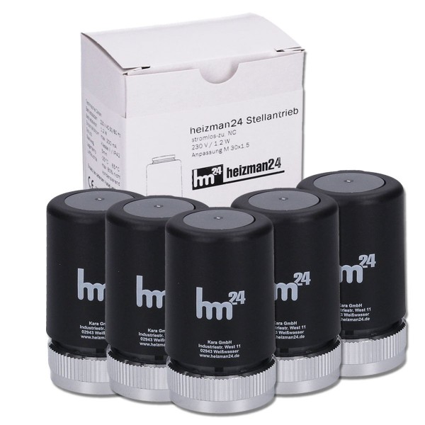 Heizman24 Black Edition 5ér Pack thermischer Stellantrieb M30x1,5 mm 230 Volt Fußbodenheizung