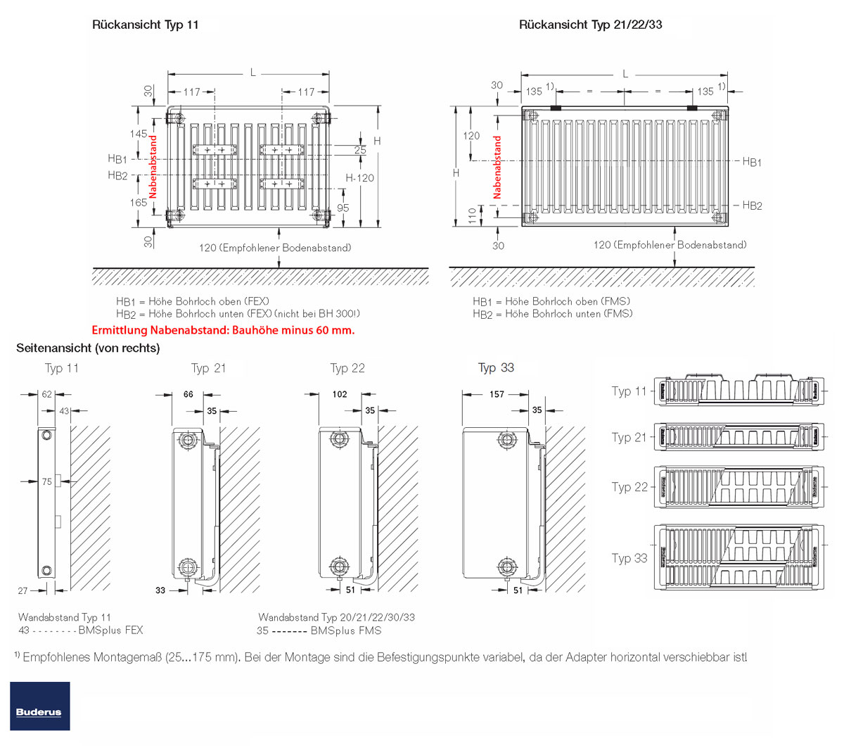 Buderus C-Plan Kompakt Heizkörper Typ 11, 21, 22 & 33 Höhe: 300 – 900 mm  Länge 400-3000 mm