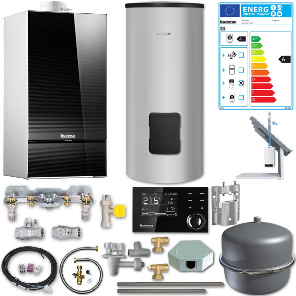 Buderus Logaplus Paket Schwarz Gas-Brennwert GB182i Erdgas 2H 20kW inkl. Speicher 200L u. Schrägdach