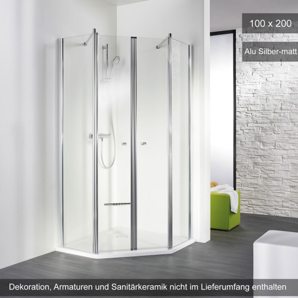 HSK Exklusiv Fünfeckdusche 4-teilig 100x200cm Alu Silber-matt