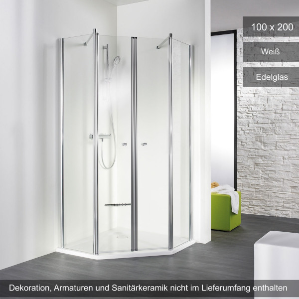 HSK Exklusiv Fünfeckdusche 4-teilig 100x200cm Weiß Edelglas