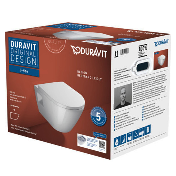 Duravit D-Neo Wandtiefspül WC- Set spülrandlos 45780900A1 inkl. WC-Sitz mit Absenkautomatik