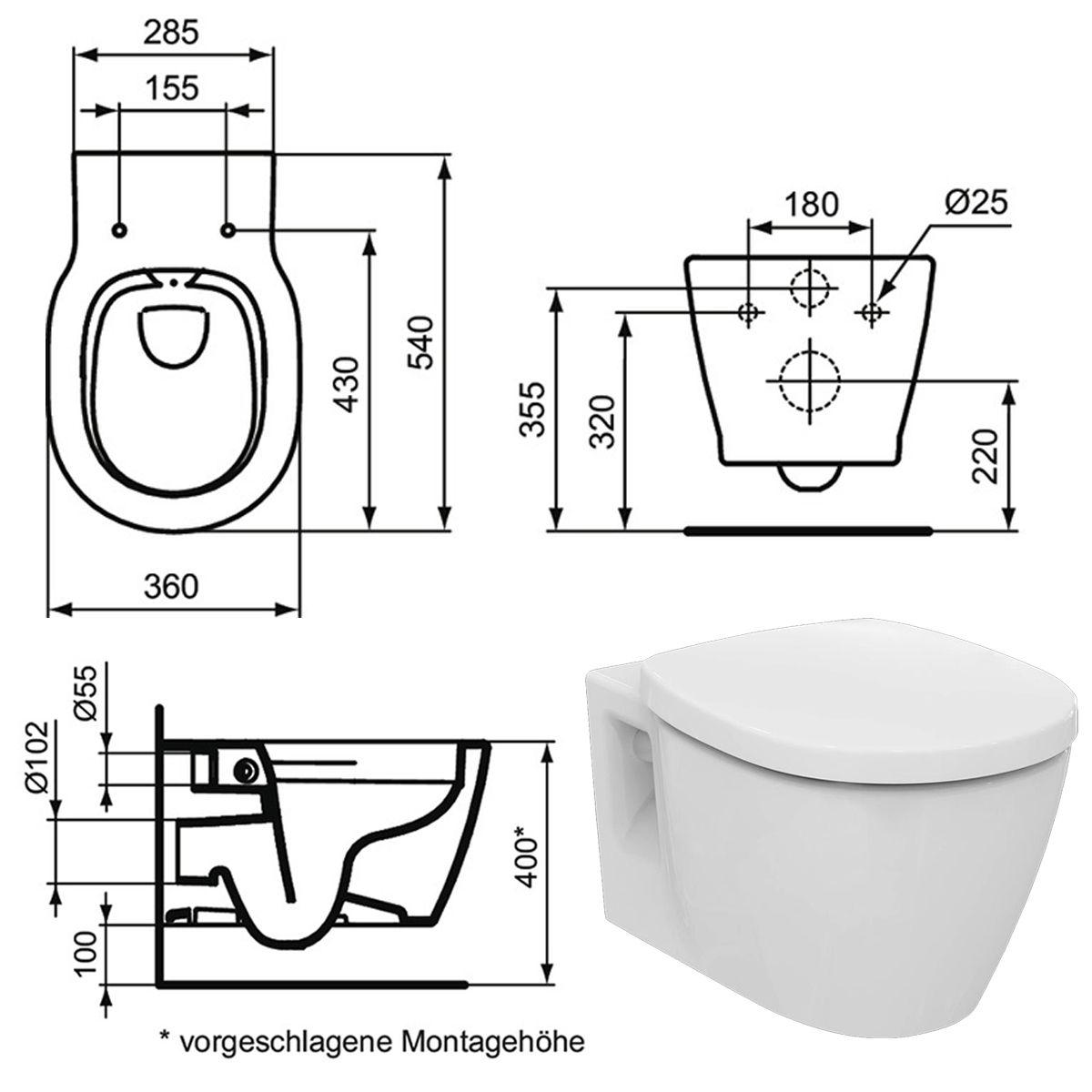 IDEAL STANDARD Connect WC Tiefspüler mit SoftClose-Sitz RANDLOS ohne SPÜLRAND 