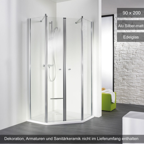 HSK Exklusiv Fünfeckdusche 4-teilig 90x200cm Alu Silber-matt Edelglas