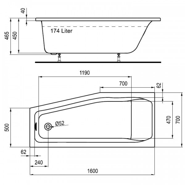 Ideal Standard Raumspar Badewanne Plus 160x70 cm links inkl. Träger u. Ablaufgarnitur K244801