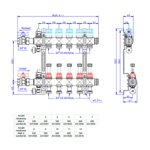 Edelstahl-Heizkreisverteiler DN20 für EGO-System für 11 Heizkreise 695 mm Baulänge made by strawa
